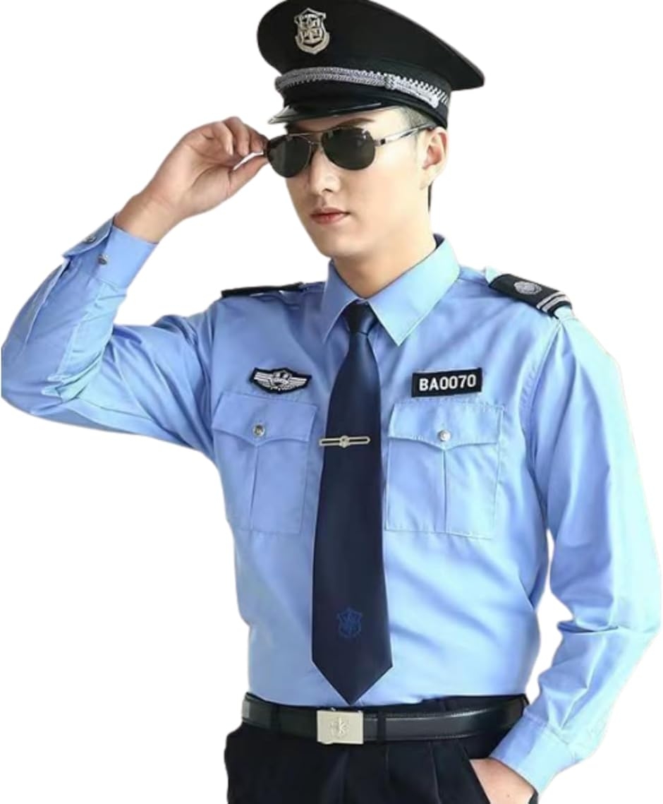 警察官 コスプレ ポリス シャツ 男性 メンズ ハロウィン 警官 お巡りさん (ブルー,  長袖， M)