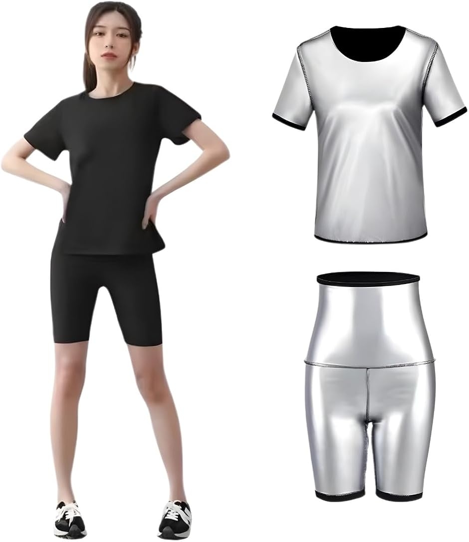 サウナスーツ 上下 セット レディース 半袖 5分丈 パンツ 洗濯可 スパッツ 発汗 ダイエット 筋トレ (ブラック/シルバー,  M)