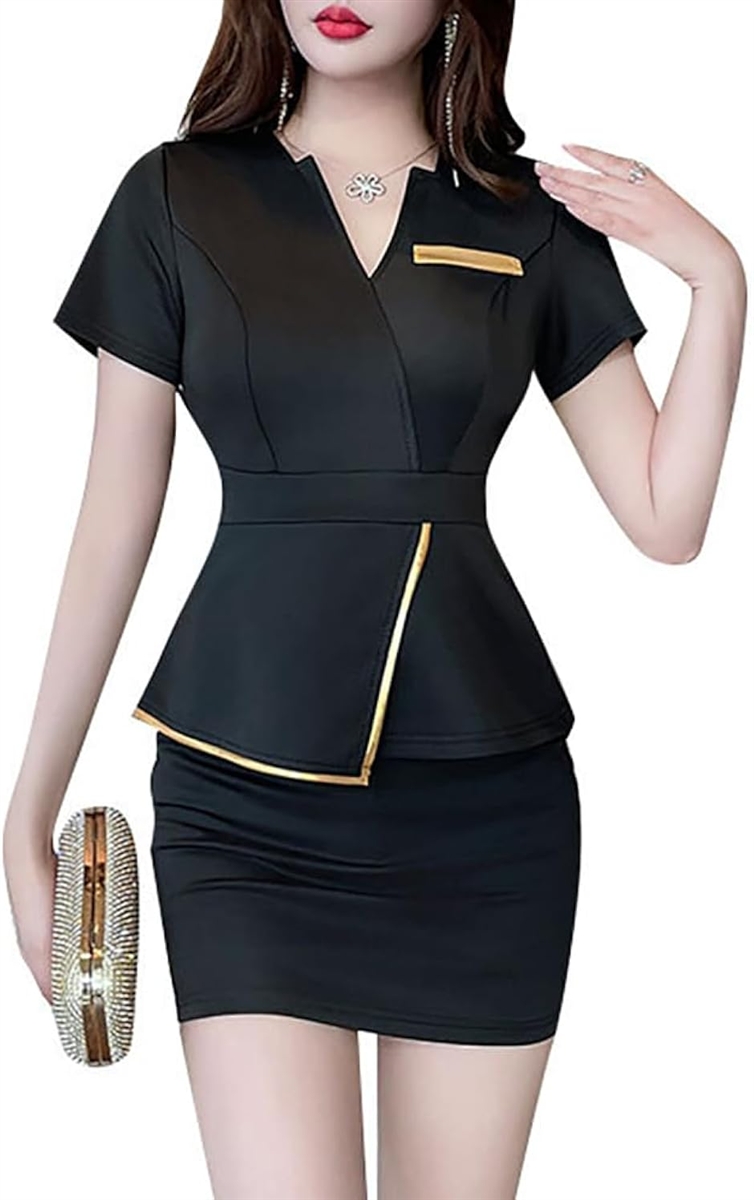 セクシー エステサロン ユニフォーム レディース 美容 ナース服 受け付け 制服 半袖 ミニ タイトスカート (ブラック,  M)