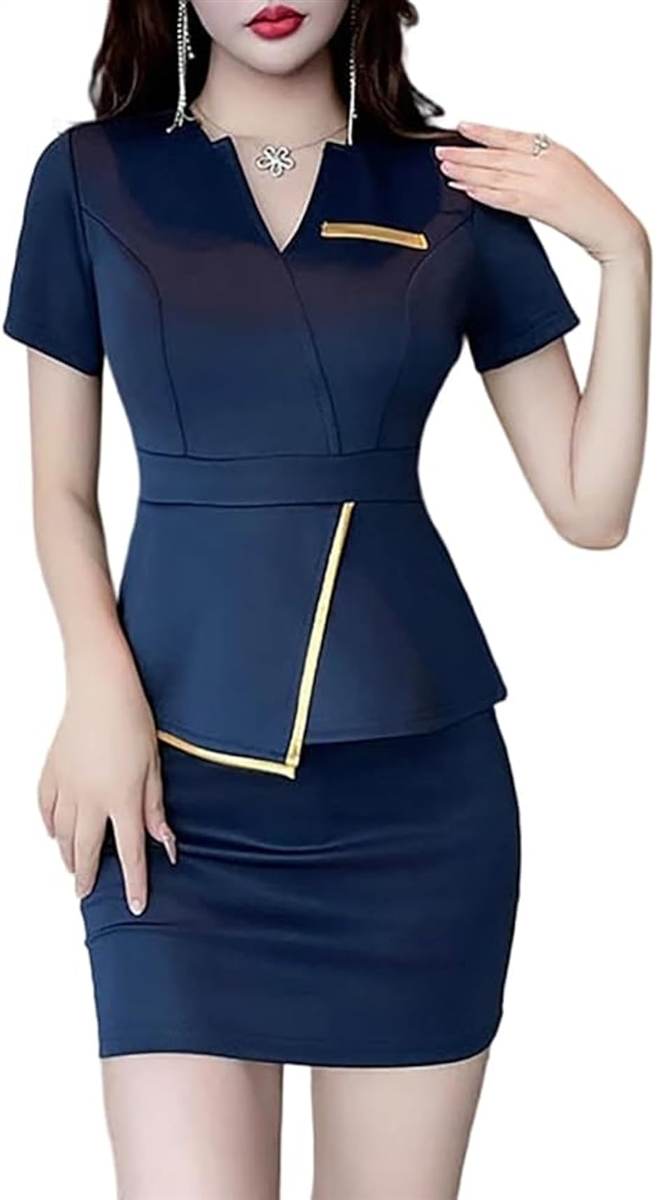 セクシー エステサロン ユニフォーム レディース 美容 ナース服 受け付け 制服 半袖 ミニ タイトスカート (ネイビーブルー,  L)