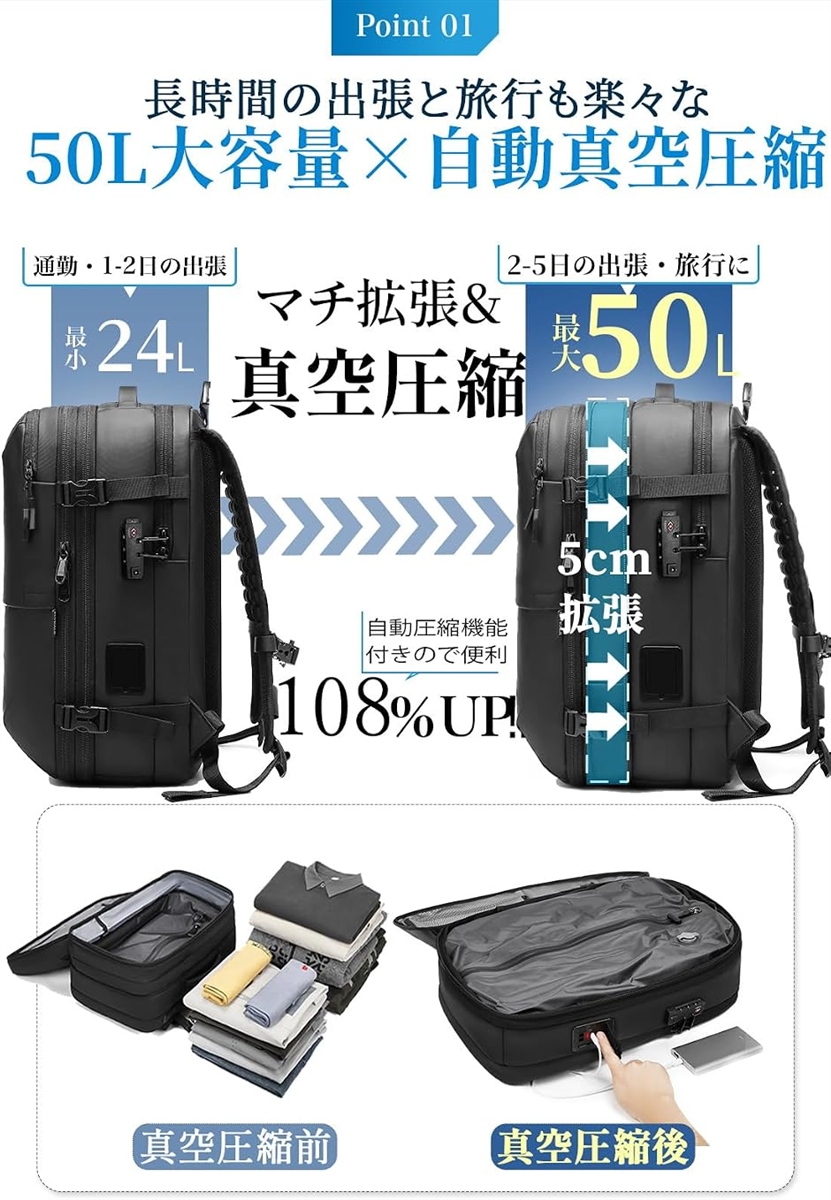自動真空圧縮 リュック ビジネスリュック バックパック リュックサック