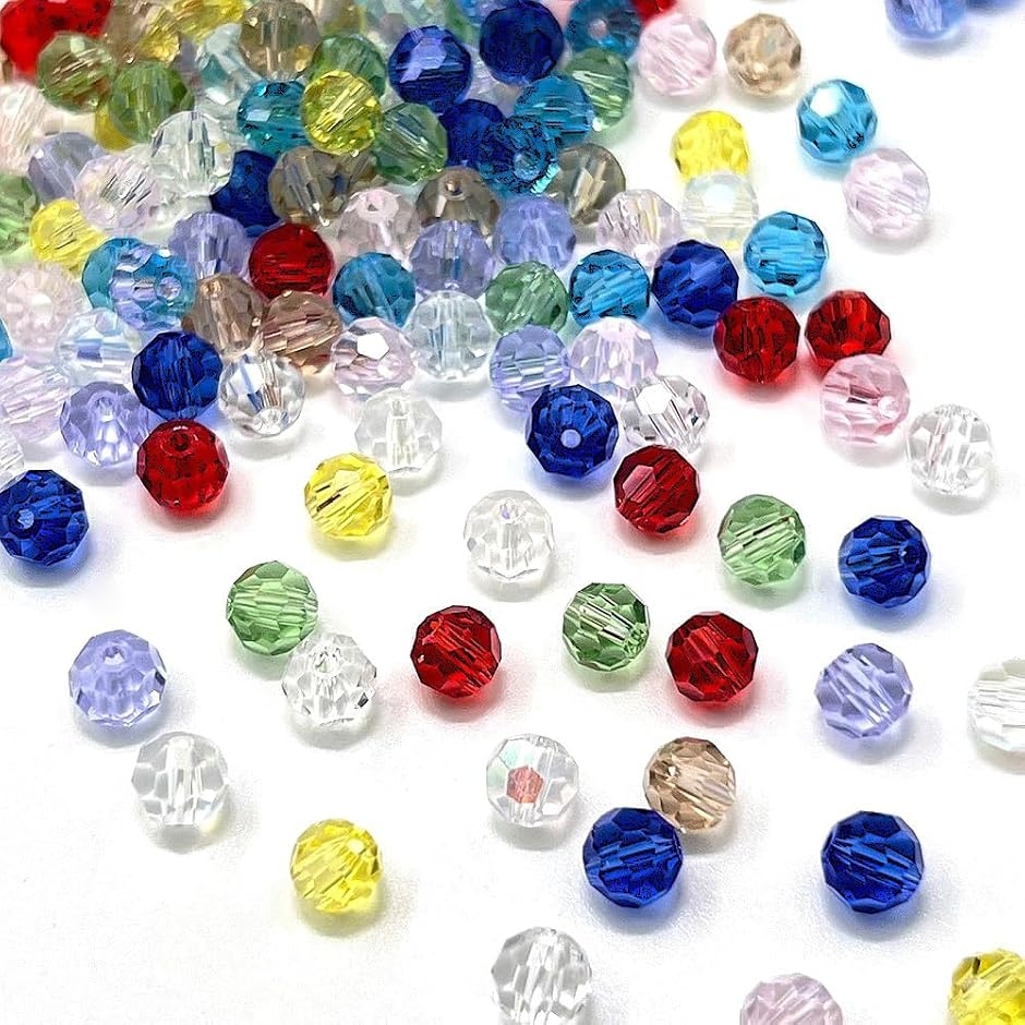ガラスビーズ 200個 ラウンドビーズ 32面カット 通し穴 クリスタル 手芸 パーツ (MIX,  直径約 6mm、穴径約 1mm)