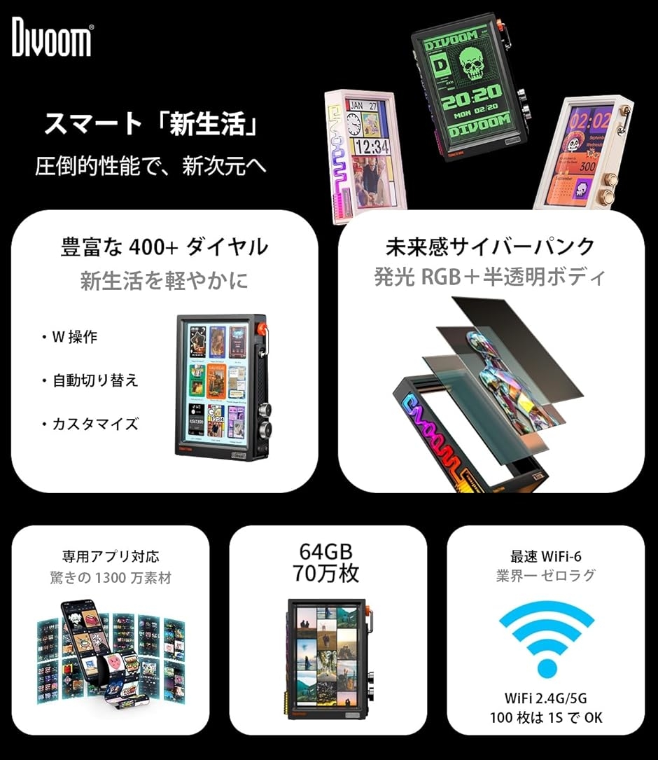 Wi-Fi6対応 Times Frame デジタルフォトフレーム 革新な半透明 RGBIC