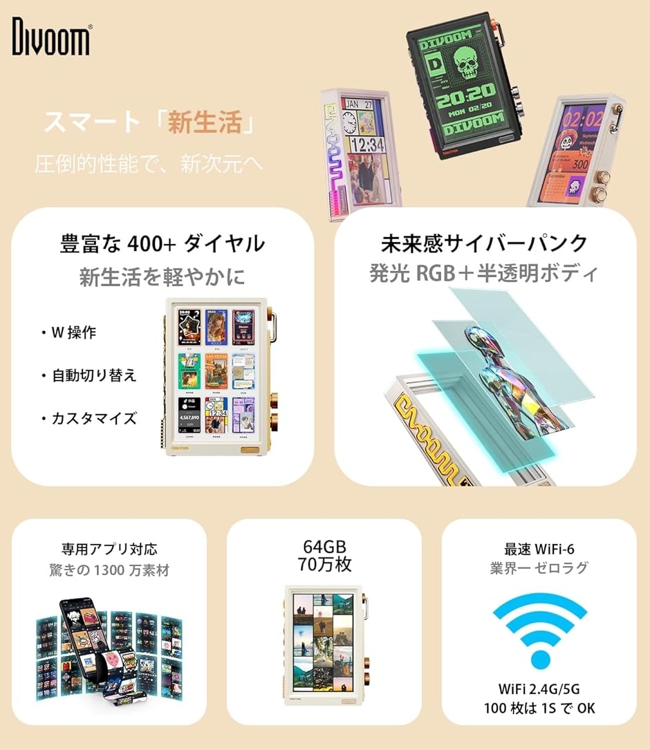 Wi-Fi6対応 Times Frame デジタルフォトフレーム 革新な半透明 RGBIC
