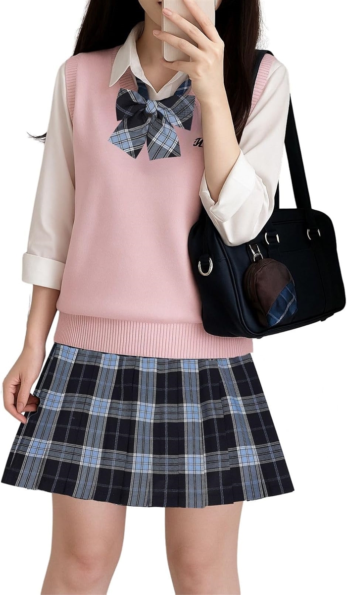 制服 女子高生 コスプレ ニット チェックスカート 長袖シャツ リボン かわいい 洗える 4点 セット ピンク系(ピンクL)