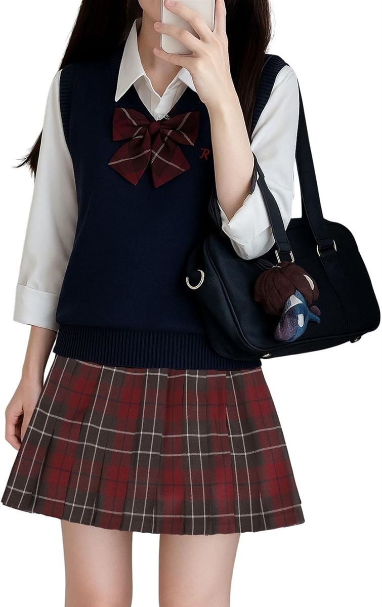 制服 女子高生 コスプレ ニット チェックスカート 長袖シャツ リボン かわいい 洗える 4点 セット(ネイビーL)