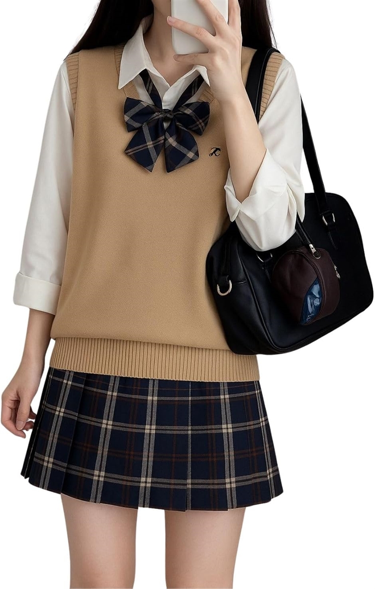 制服 女子高生 コスプレ ニット チェックスカート 長袖シャツ リボン かわいい 洗える 4点 セット ブラウン系(ブラウンL)