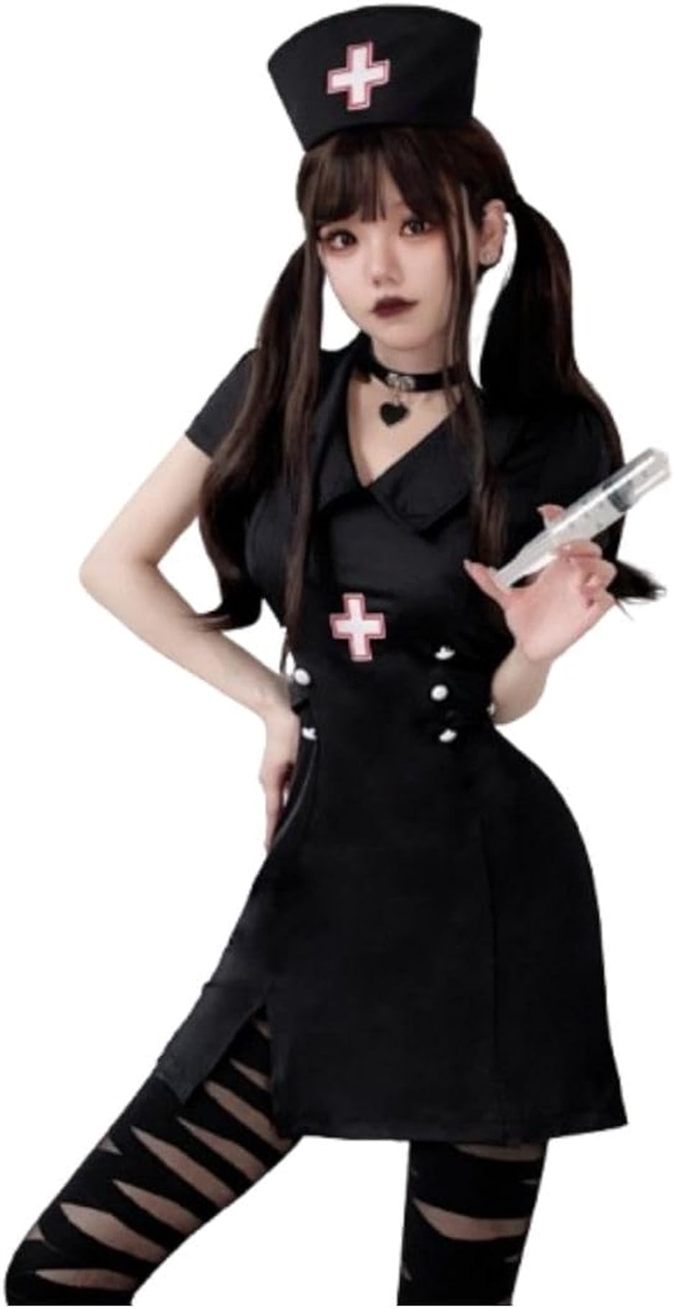 ハロウィン コスプレ レディース 仮装 ナース セクシー かわいい 看護婦 看護士 制服 透けない インナー付き(ブラック,  M)