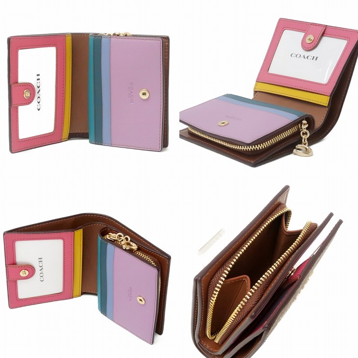 未使用級 COACH コーチ 二つ折り財布 レザー マルチカラー コーチ COACH アウトレット 二つ折り財布 シグネチャー ミニ財布
