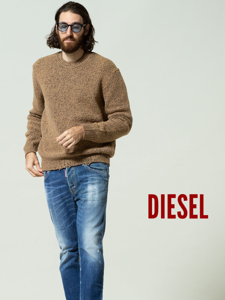 ディーゼル メンズ DIESEL ウール ナイロン クルーネック ダメージ加工