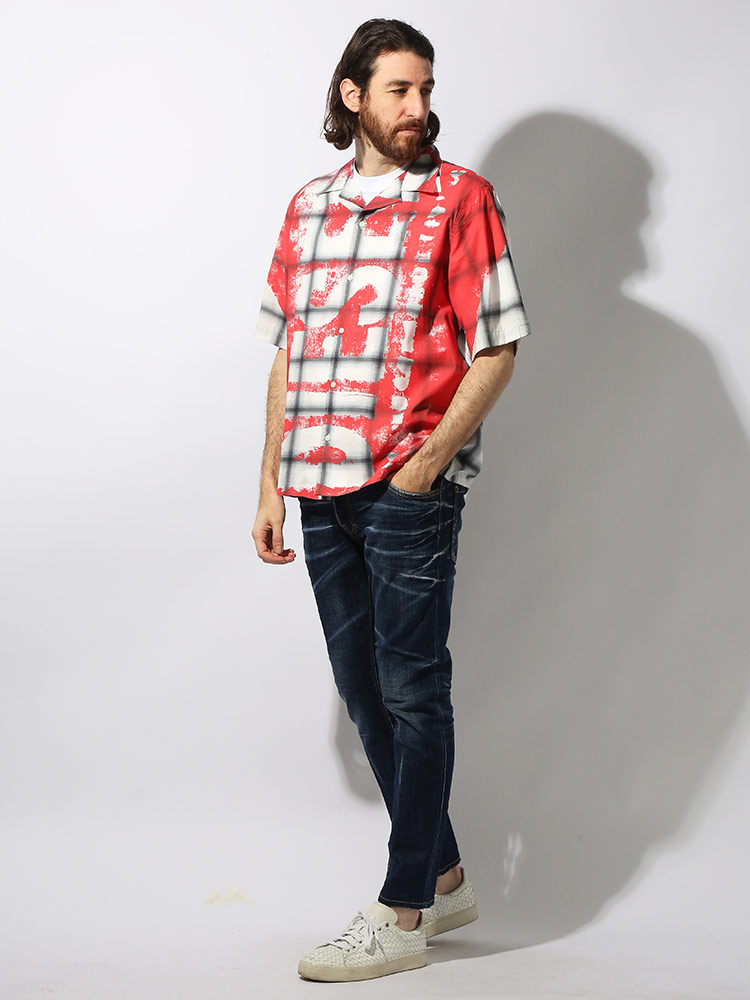 【美品】　DIESEL 半袖シャツ　レーヨン　チェック　オーバルDロゴ XL DIESEL (ディーゼル) レーヨン グラフィックプリント オープン