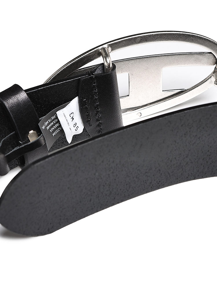 DIESEL ブラックレザーベルト ロゴバックル DIESEL (ディーゼル) 牛革 オーバルロゴ バックル留め ベルト