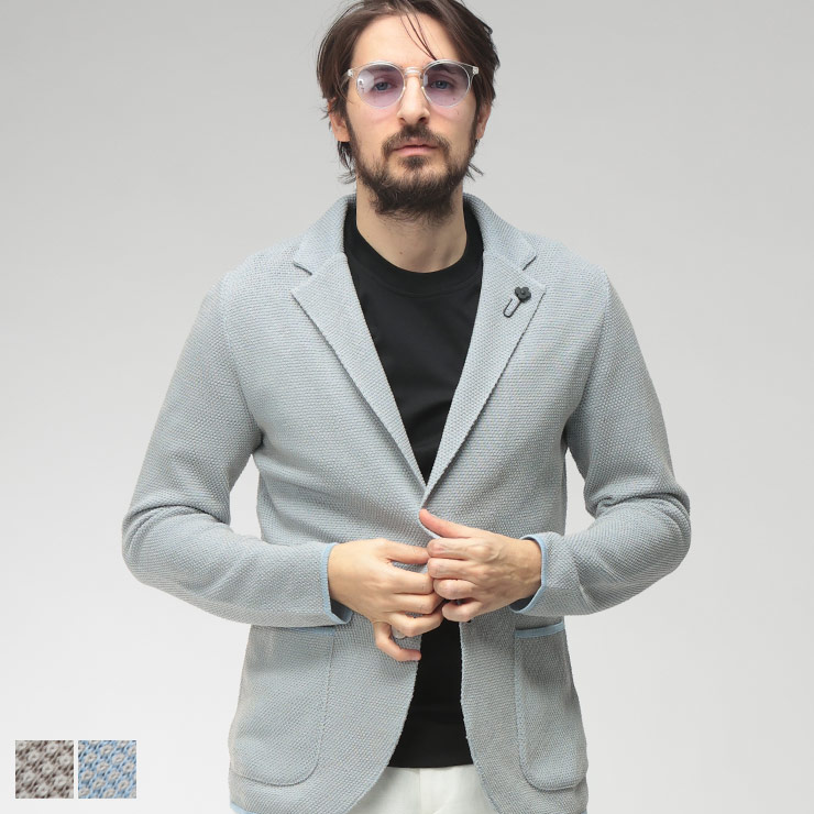 <美品>LARDINI グレー コットン ニットジャケット ブートニエールM相当 LARDINI（ラルディーニ） メンズ ニットジャケット マーセライズ