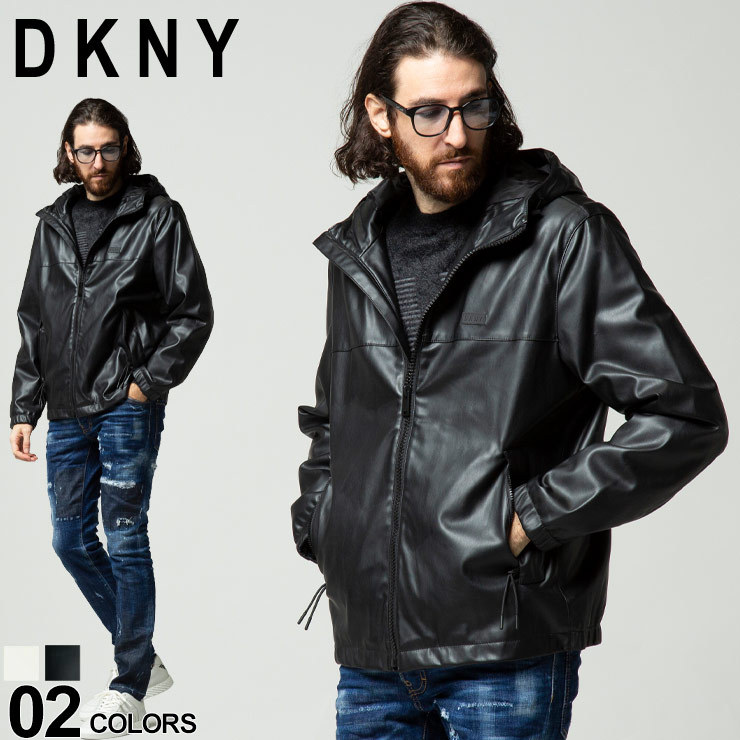 DKNY ダナキャランニューヨーク ライダース パーカー フェイクレザー フード フルジップ ジャケット 黒 白 大きいサイズあり DKDX1MU992