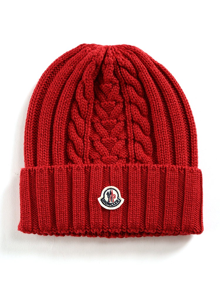 モンクレール レディース ニットキャップ MONCLER ニット帽 ウール100％ ロゴ ワッペン ケーブル編み ブランド 帽子 赤 黒 紺  MCL9Z70600A9146