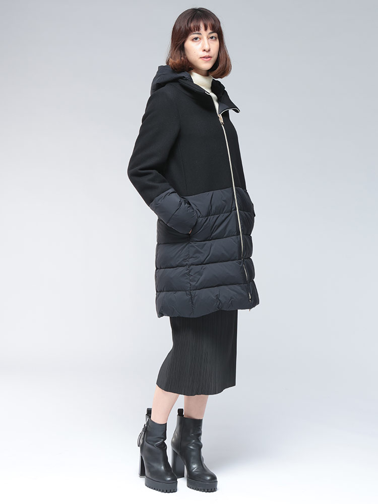 美品✳︎ヘルノ　ロングダウンコート　ウール　切り替え　異素材　ドッキング　ブラック HERNO（ヘルノ） ダウン コート レディース ウール 切り替え