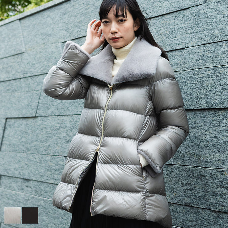 美品✨HERNO　リバーシブルショートスリーブニットダウン 42 グレー HERNO（ヘルノ） ダウン ブルゾン レディース 襟ファー フルジップ