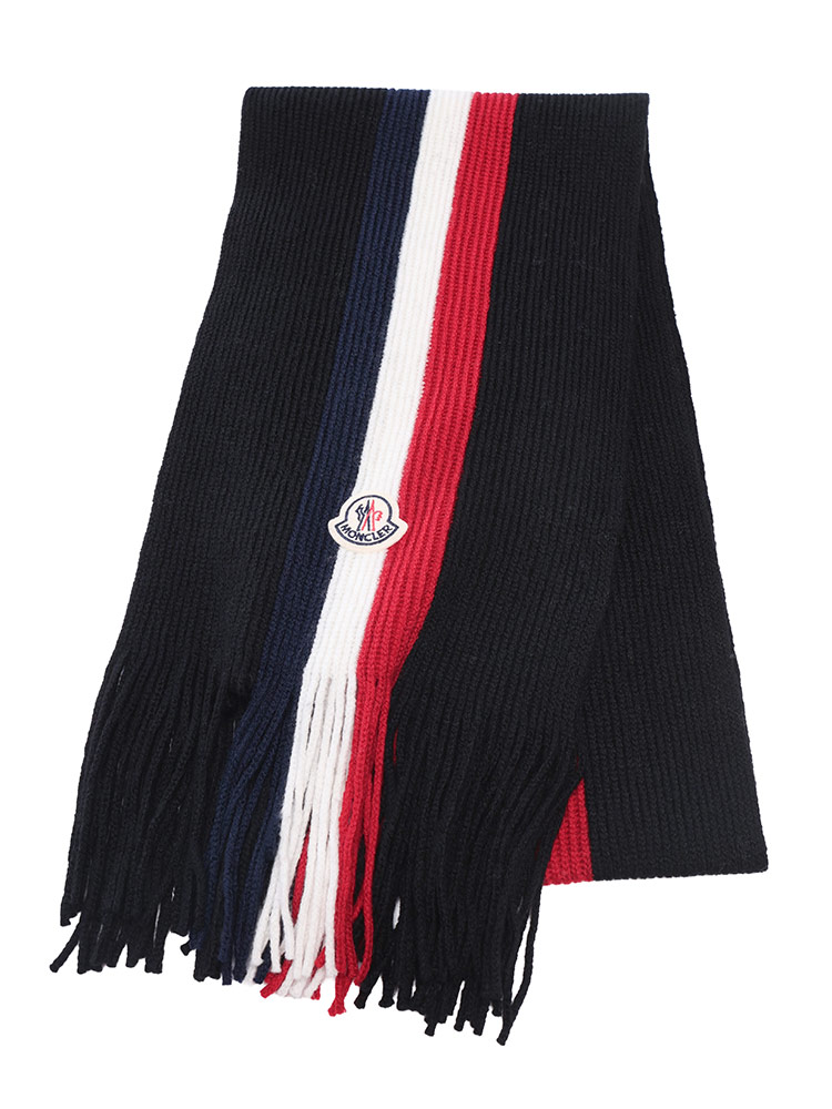 【超美品】モンクレール　マフラー　ロゴ　アイボリー　トリコロール MONCLER】マフラー トリコロール ロゴ フリンジ ウール (MONCLER