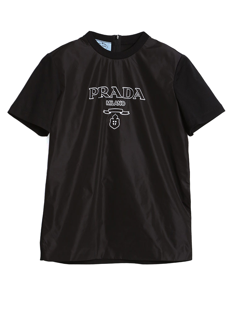 プラダ レディース Tシャツ PRADA 異素材切り替え ロゴ クルー