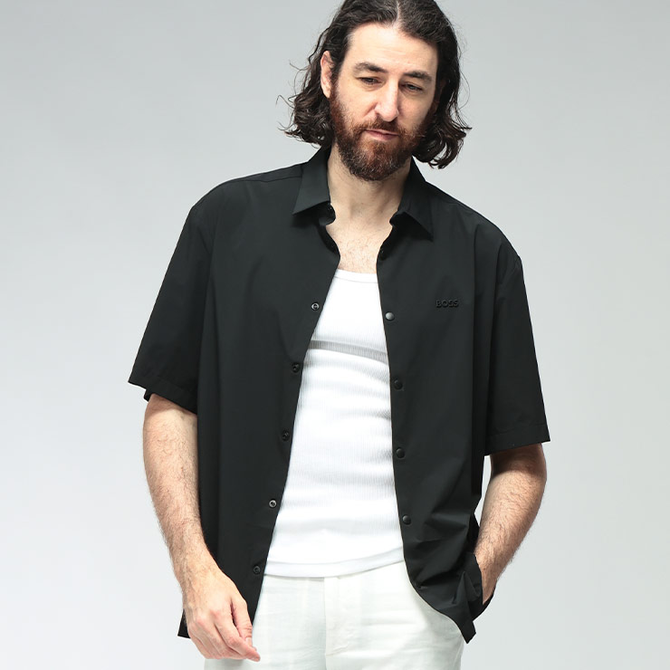未使用級 現行 高機能素材 ストレッチ BOSS ヒューゴボス スイングトップ ヒューゴボス メンズ シャツ HUGO BOSS 半袖 ストレッチ エンボスロゴ