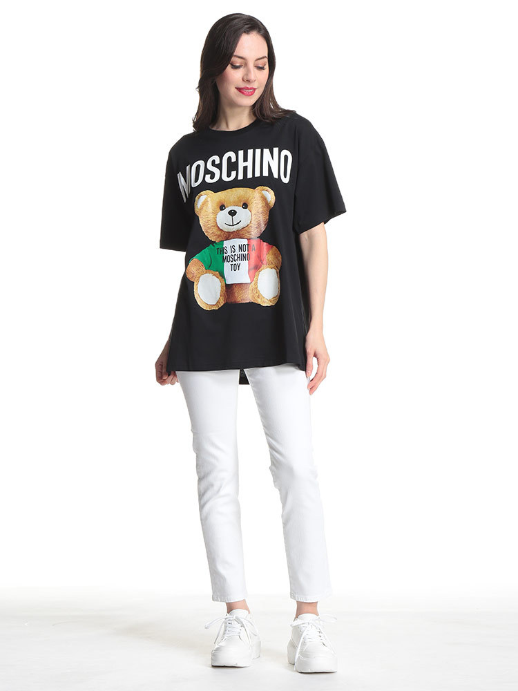 モスキーノ レディース Tシャツ MOSCHINO イタリアベア ロゴ クルーネック オーバーサイズ 半袖 ブランド トップス ビッグシルエット  コットン プリント MHL0708