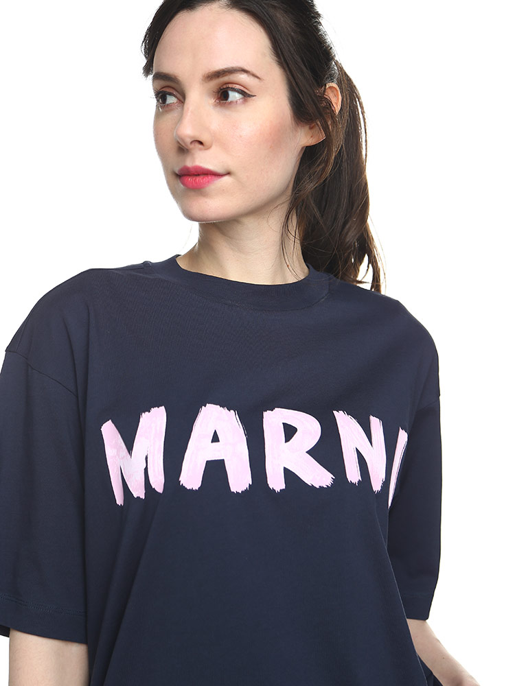 マルニ MARNI Tシャツ 半袖 レディース カットソー ロゴ プリント シロ 白 紺 クルーネック ブランド トップス シャツ  MALTHJET49EPH