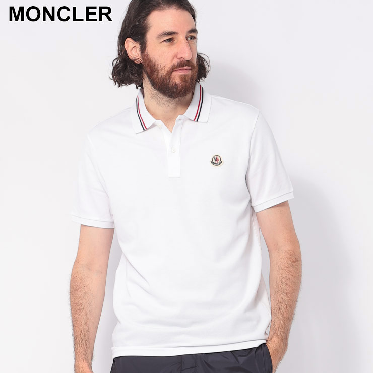 メンズ MONCLER モンクレール ホワイト ポロシャツ M MONCLER モンクレール 衿トリコロールライン 半袖 ポロシャツ