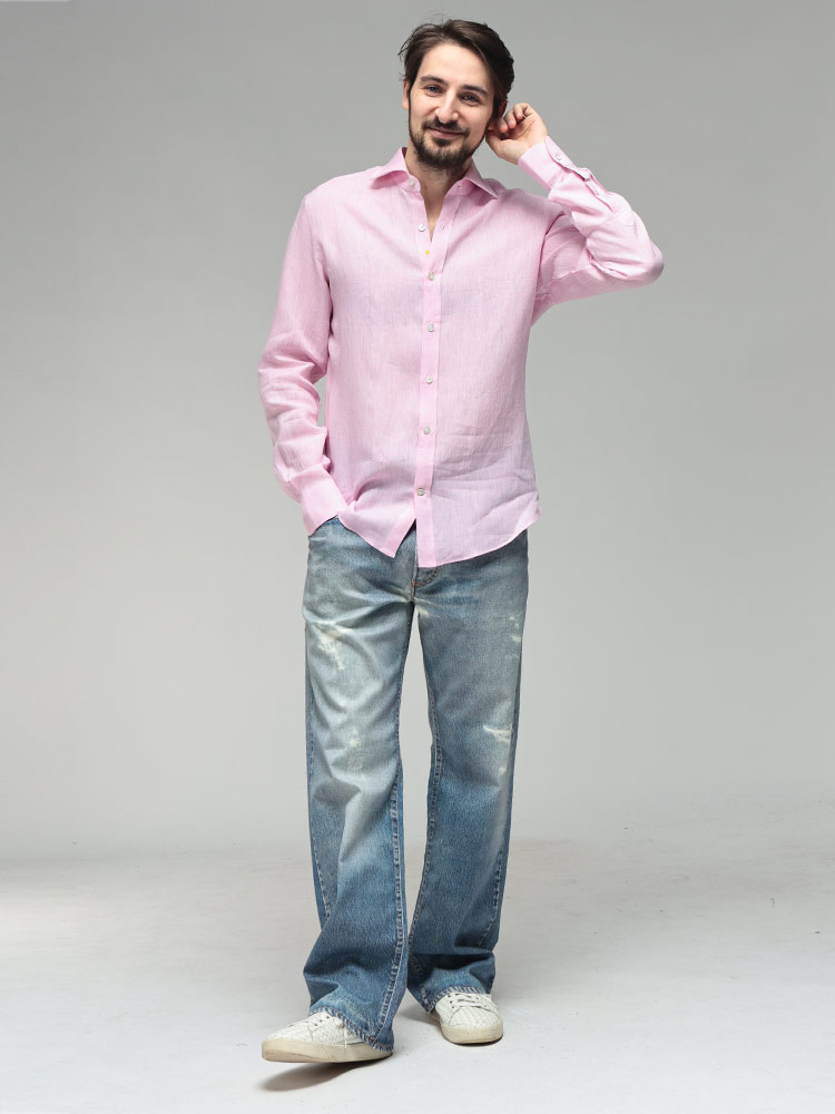 ジャンネット メンズ シャツ 長袖 GIANNETTO リネン100％ 無地 ワン