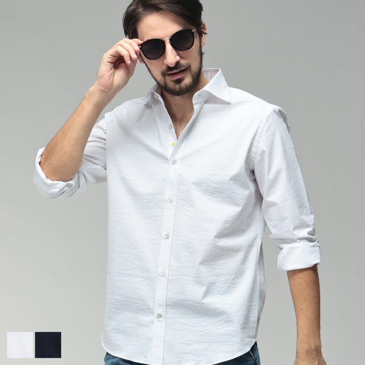 ジャンネット メンズ シャツ 長袖 GIANNETTO シアサッカー 無地 ワン