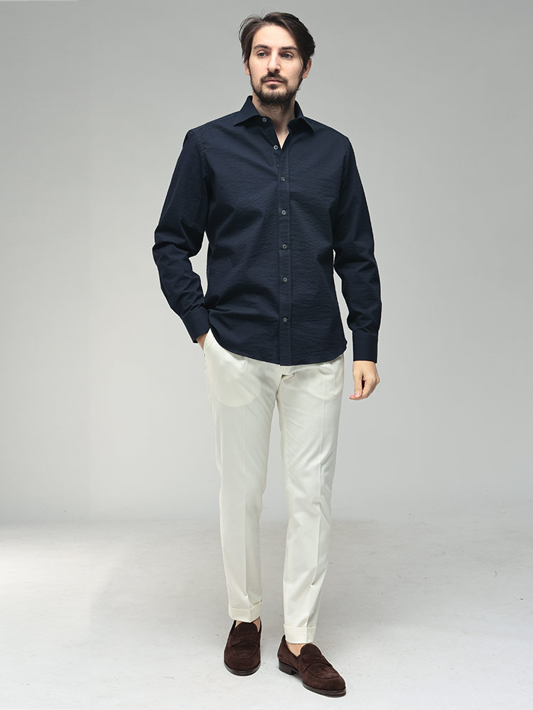 ジャンネット メンズ シャツ 長袖 GIANNETTO シアサッカー 無地 ワン