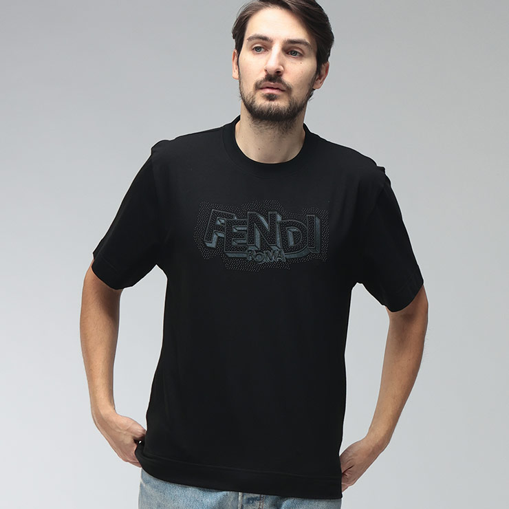 FENDI（フェンディ） メンズ Tシャツ 半袖 ロゴ 刺繍 クルーネック