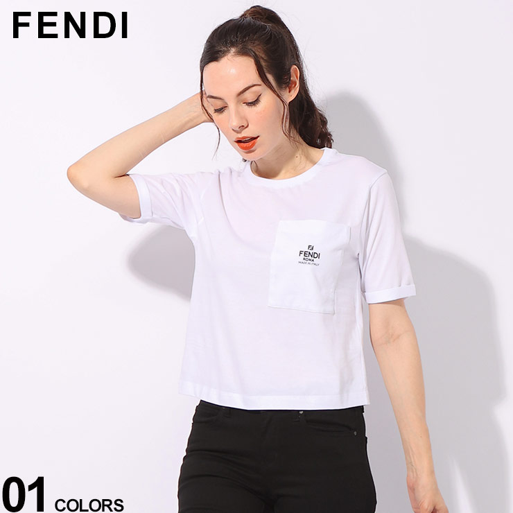 FENDI フェンディ ホワイトジャージー 刺繍入り胸ポケット 半袖