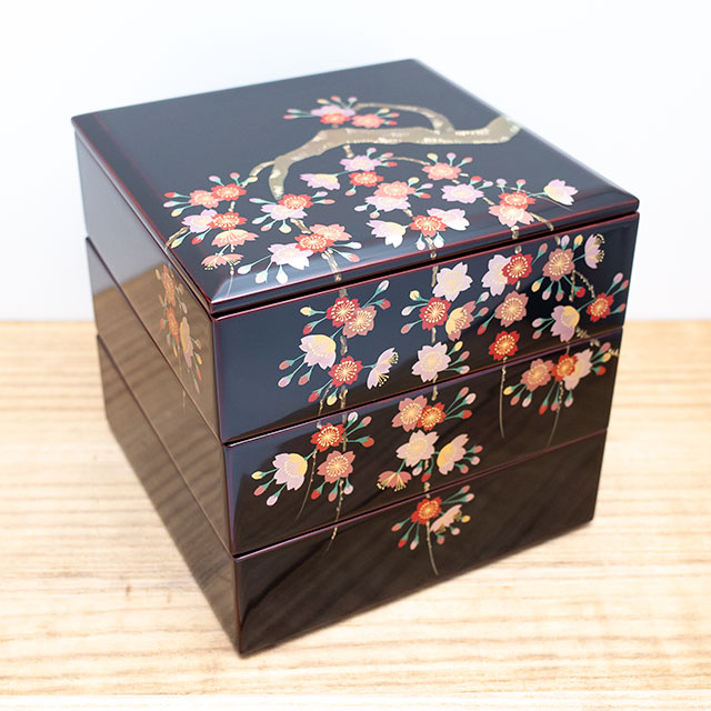 重箱 川連 漆器 木製 三段 漆 漆塗り 桜 おせち 日本製 高級 木 黒 6寸 