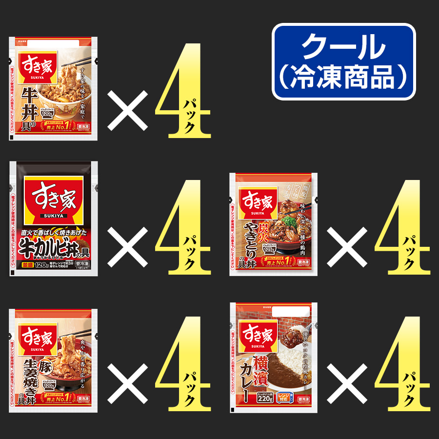 すき家 食べ比べ倍セット5種20食 牛丼×牛カルビ丼×豚生姜焼き丼×炭火やきとり丼×横濱カレー 冷凍食品 送料無料 | すき家 | 01