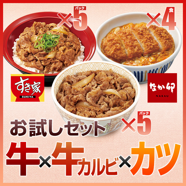 お試しセット 牛×牛カルビ×カツ すき家牛丼の具5パック×すき家牛カルビ丼の具5パック×なか卯かつ丼の具4食 冷凍食品