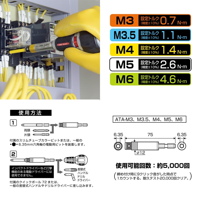 ANEX トルクアダプターセット ATA-S1［M3・M3.5・M4・M5・M6］【アネックスツール 配電盤 ねじ締 トルク管理 6.35mm 六角軸】｜zenzaemon-tools｜02