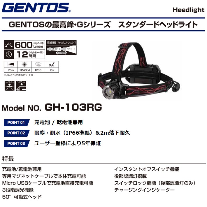 ジェントス ヘッドライト GH-103RG 600ルーメン【GENTOS ヘッドランプ