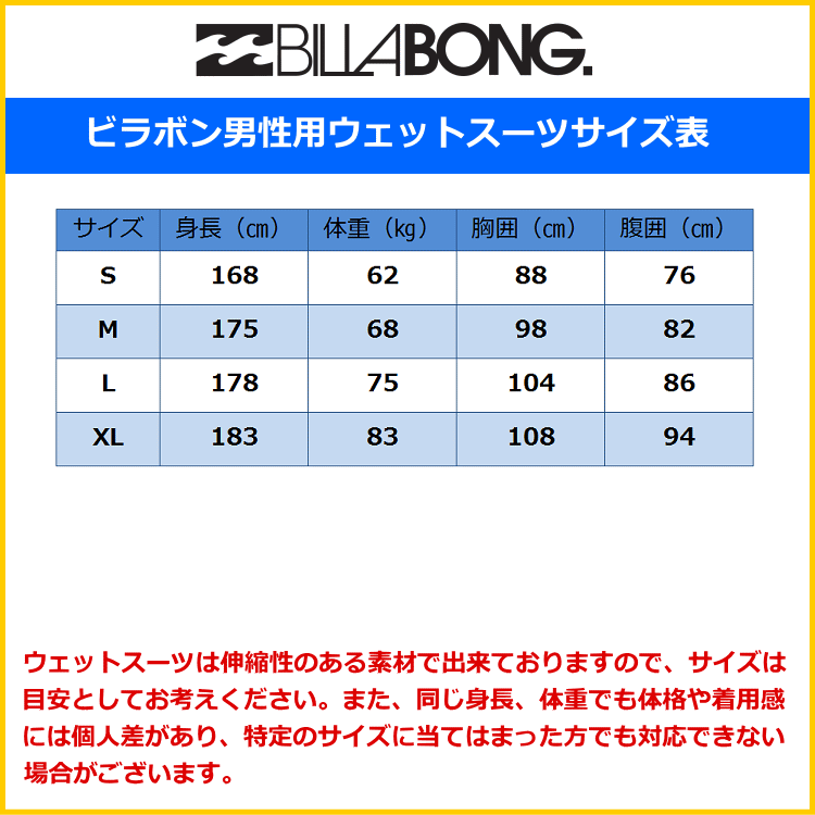 ビラボンウェットスーツ男性用サイズ表