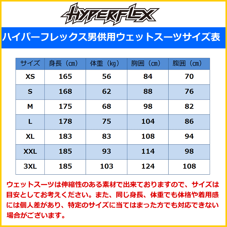 ハイパーフレックスウェットスーツ男性用サイズ表