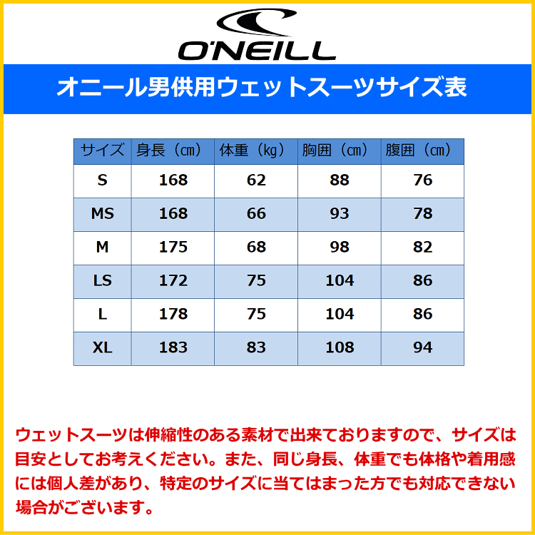 オニールウェットスーツ男性用サイズ表