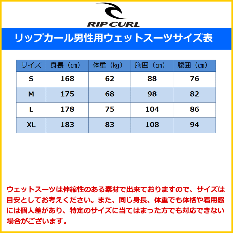 リップカールウェットスーツ男性用サイズ表