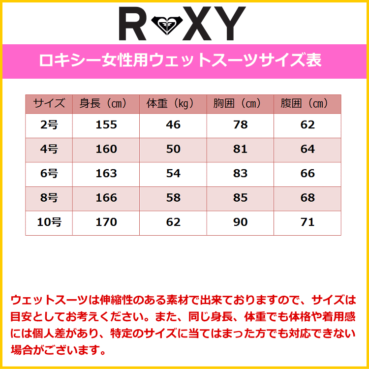 ロキシーウェットスーツ女性用サイズ表