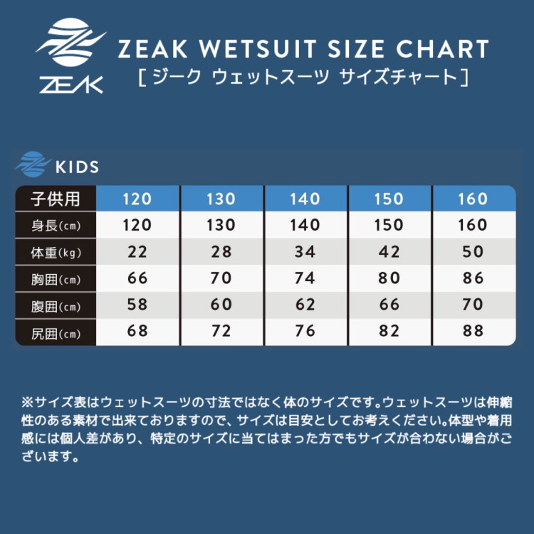 ZEAK(ジーク)ウェットスーツ子供用サイズ表