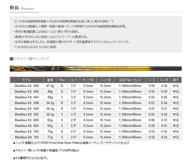 Basileus（バシレウス） ピンG400 スリーブ付きシャフト δ2 デルタ2