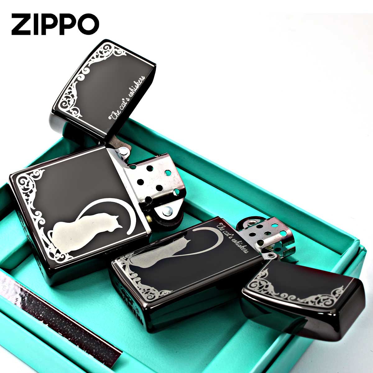 【ねコネコ】ZIPPO ライター ペアハート ブルー シルバー ケース付 ZIPPO（ジッポー） ジッポライター ペア ねこ 猫 ラブ シルエット