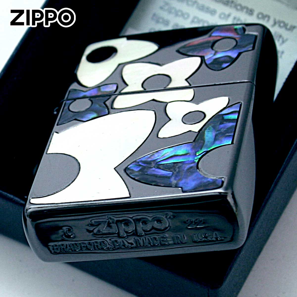 Zippo ジッポライター シェル 貝  フラワー 花 ブラック Shell Flower BK 1201S836 高級の画像