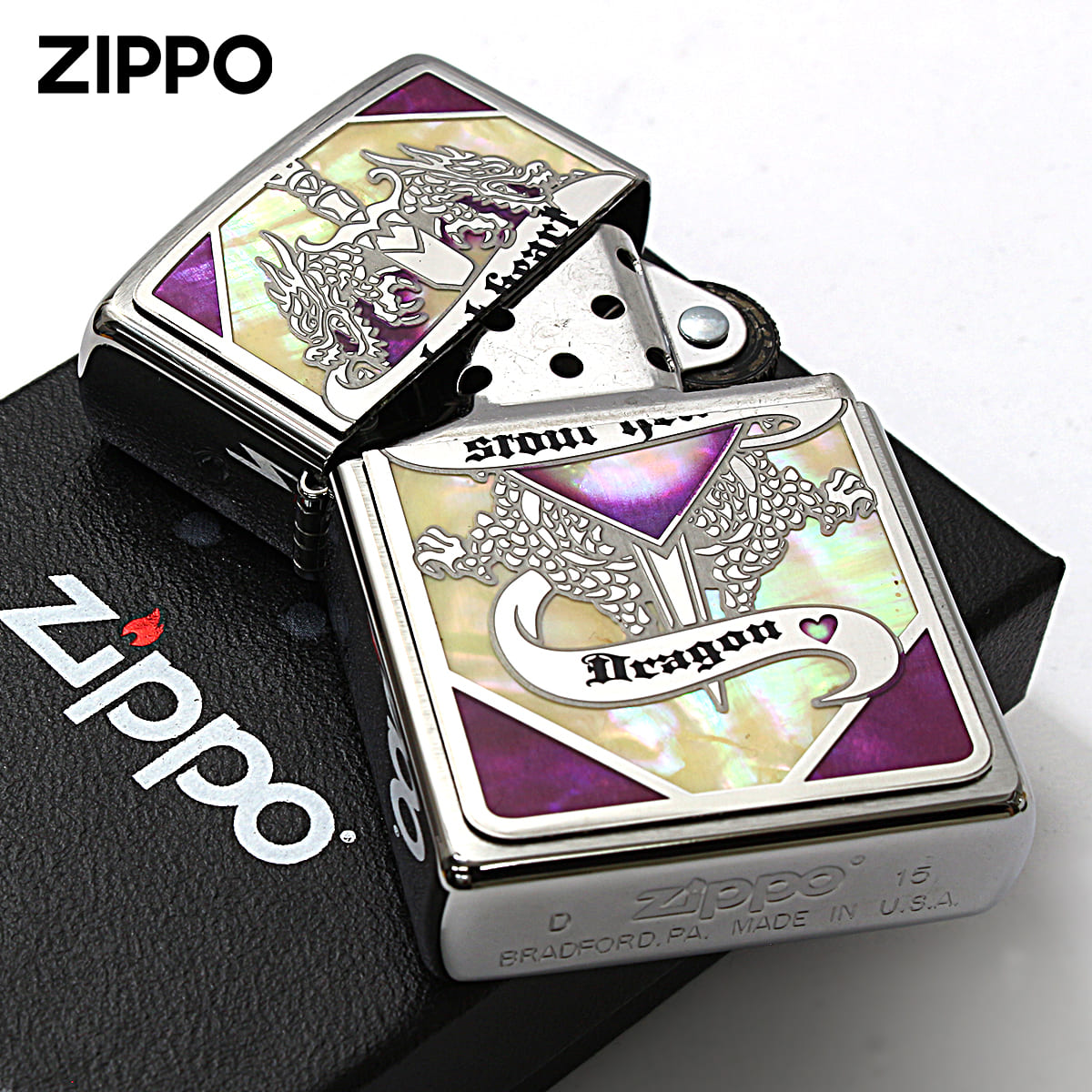 シェル Zippo ジッポライター 龍 ドラゴン 貝 インレイ 象嵌 剣 