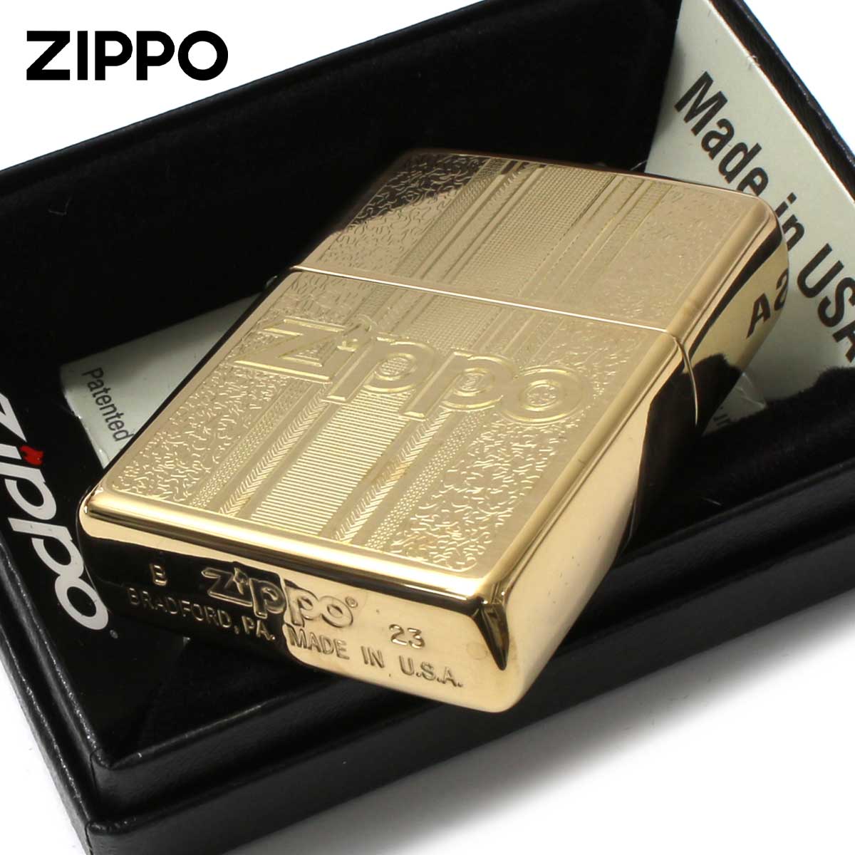 Zippo ジッポライター ジッポ ロゴ パターン彫刻 Logo Pattern 鏡面 ポリッシュ ブラス 29677 プレゼント 贈り物 男性 シンプル メール便可の画像