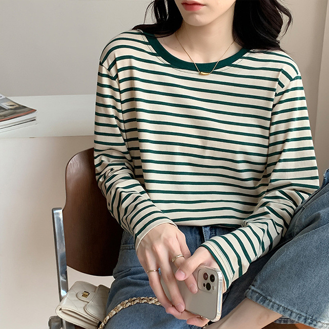 tシャツ レディース カットソー コットン ボーダー 長袖 エコ ラウンドネック ゆったり 秋服 レイヤード レディース トップス 柔らか 春秋 Tシャツ カットソー 薄手 ラウンドネック ボーダー