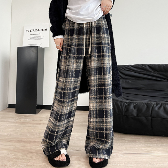 裏ボアパンツ 裏起毛チェック柄ワイドパンツ 秋冬新作 送料無料